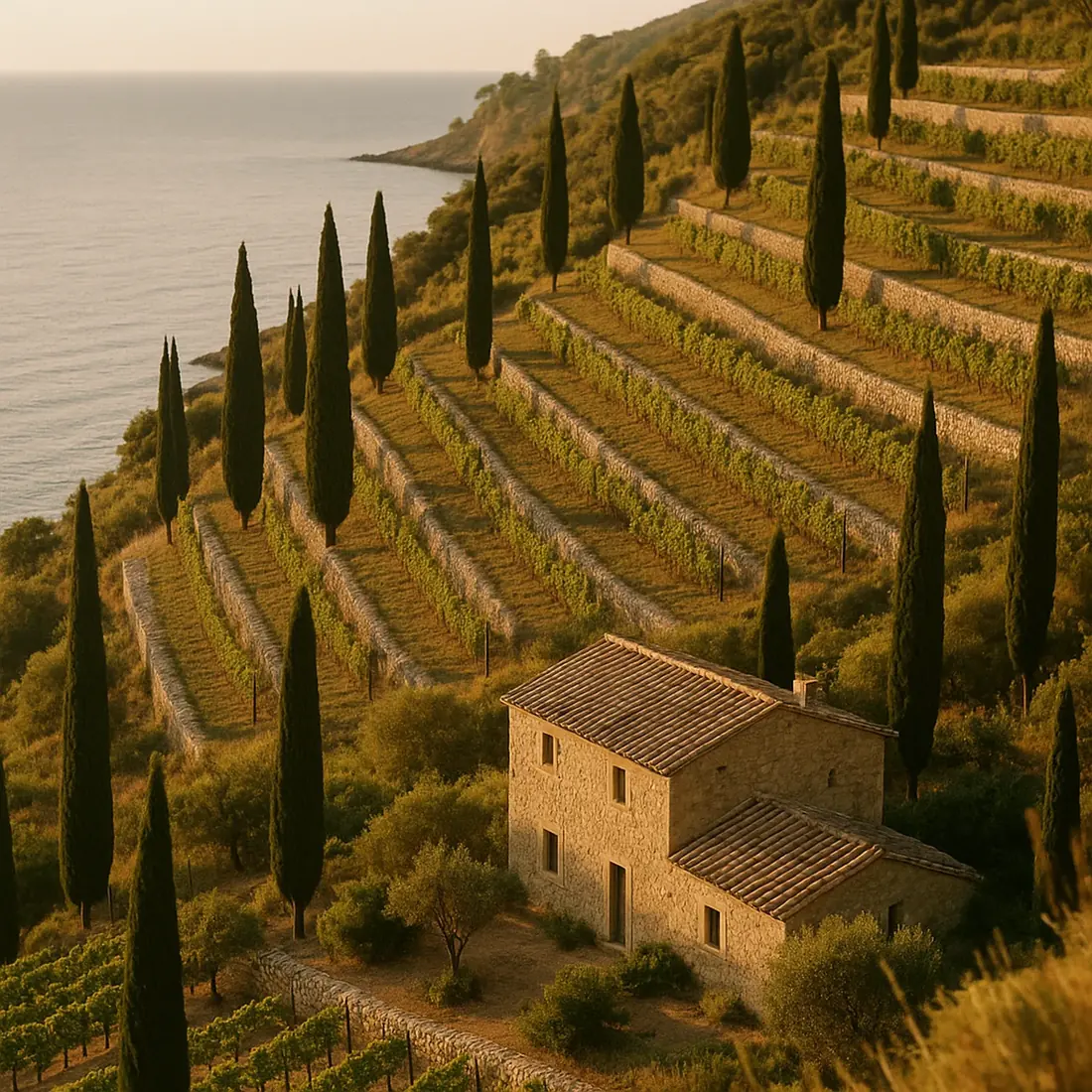 Terraced vineyards and cypress trees above a Mediterranean coastline