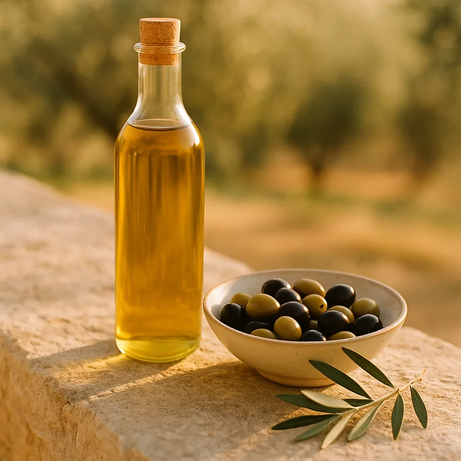 Olive oil and a bowl of olives on a stone wall