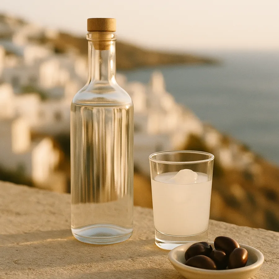 A bottle of ouzo and a glass with olives by the sea