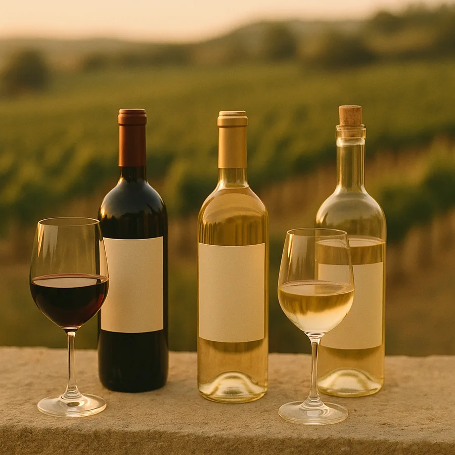 Bottles of red wine with glasses on a stone ledge at golden hour